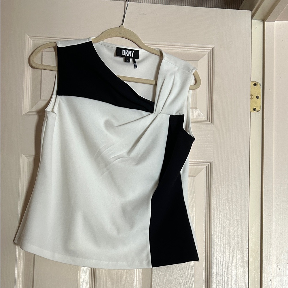 DKNY Black and White Asymmetrical Blouse